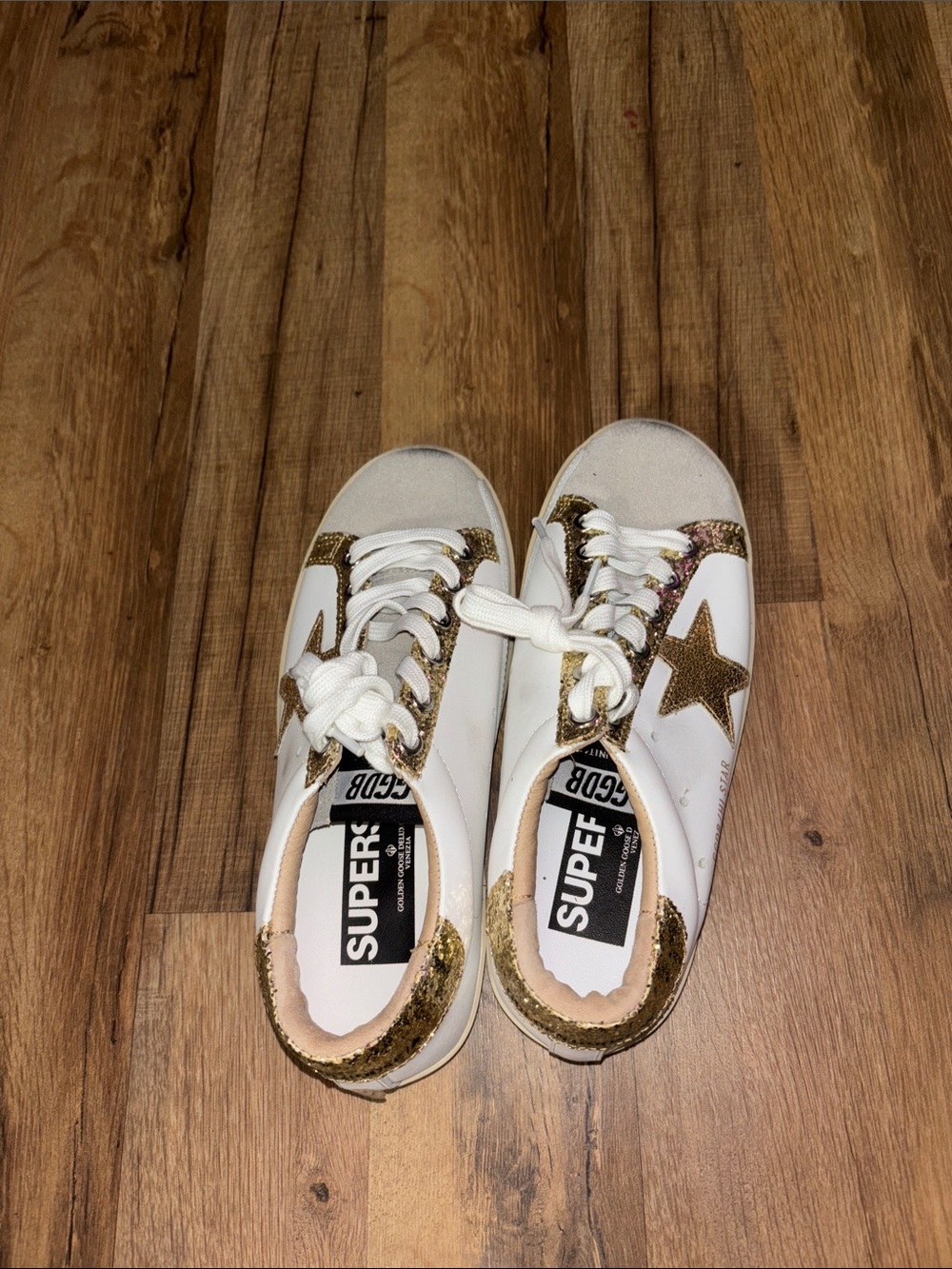 Golden Goose White Sneakers with Gold Star and Glitter Trim
